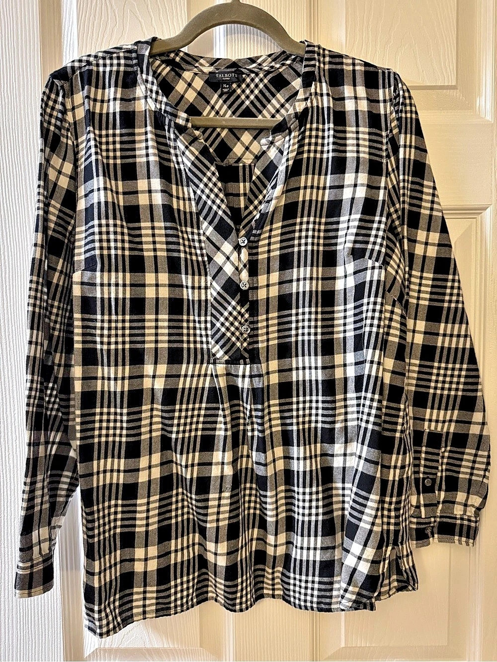 Talbots Plaid Button Down Cotton black and white plaid flannel Shirt Size XL P